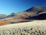 Looking across a frosty Eskdale Moor towards Burnmoor Tarn and Scafell.